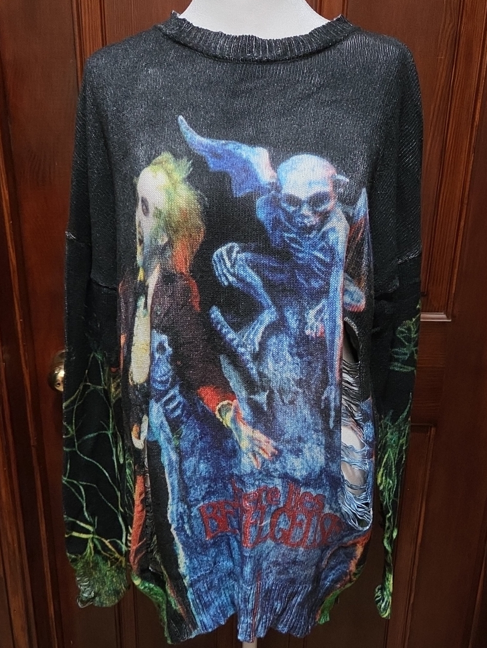 Dolls Kill X Beetle Juice Black Graphic Distressed Sweater
